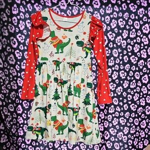 Festive Dinosaur Print Kids Dress - Red and Green